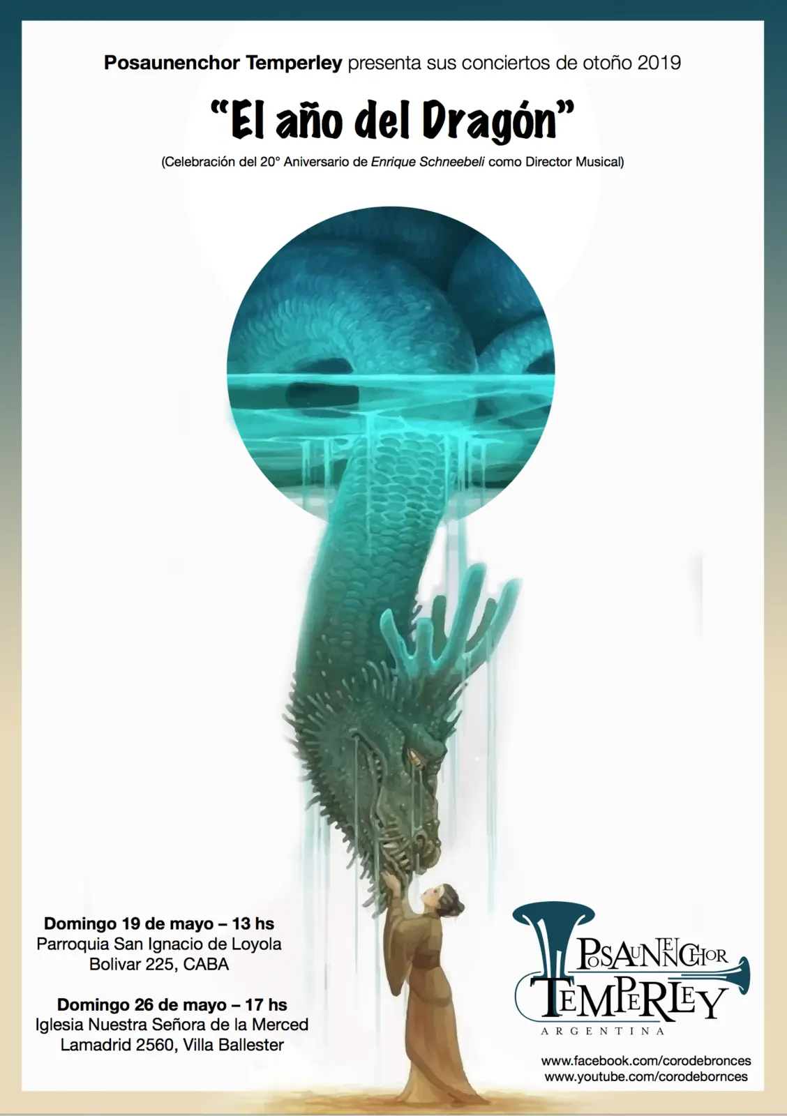 Afiche de «El año del Dragón»: sobre fondo blanco, un dragón verde azulado emerge del agua dentro de un círculo y baja chorreando hasta la mano levantada de una figura de túnica clara; arriba el título y la línea del aniversario, abajo a la izquierda las dos funciones y a la derecha el logo del Posaunenchor Temperley