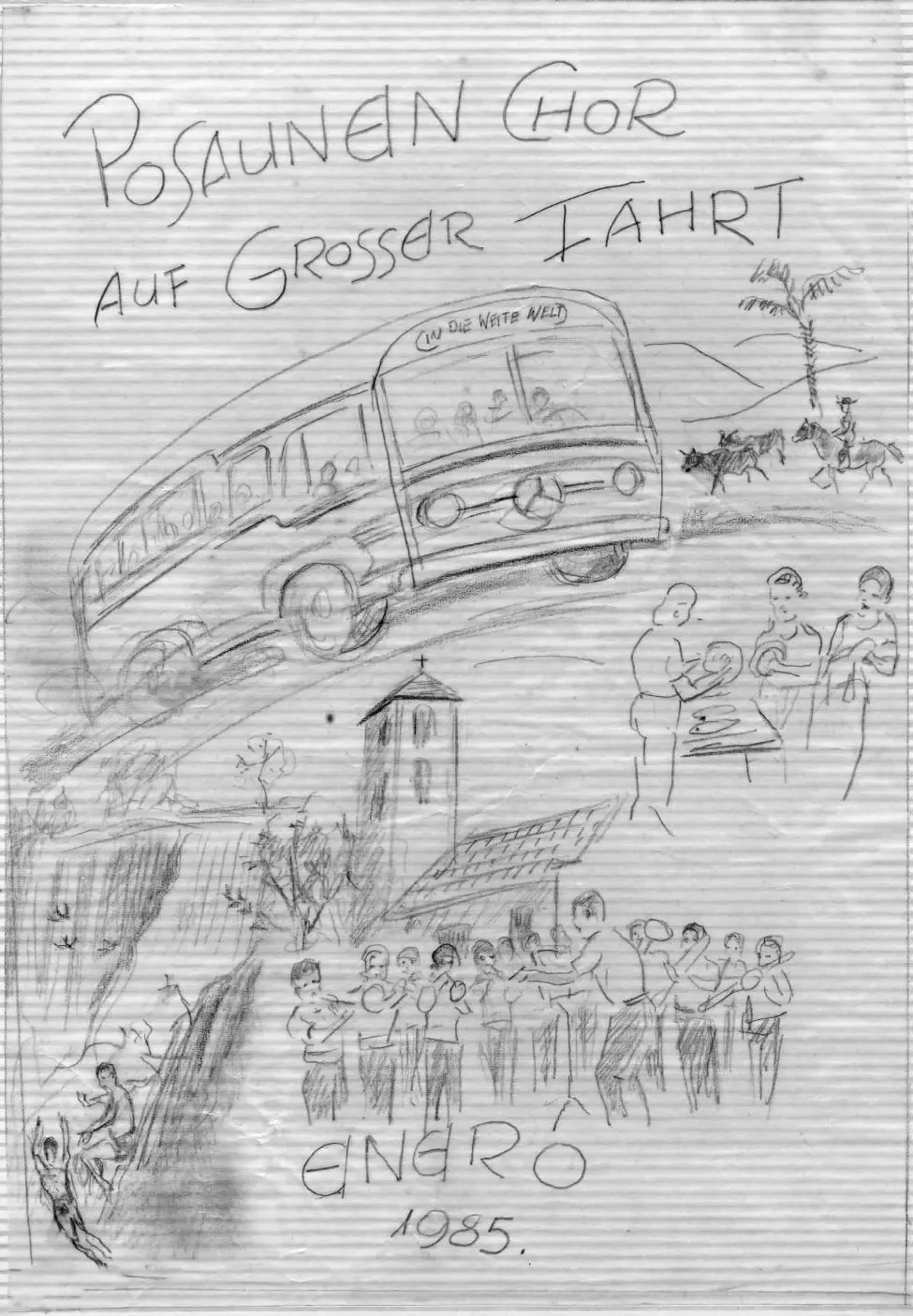 Tapa dibujada a lápiz del álbum de la gira: un micro con el cartel «In die weite Welt», una iglesia, el coro tocando y jinetes en el campo