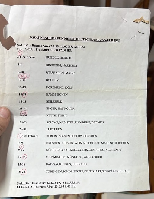Itinerario impreso de la gira de 1998, de Friedrichsdorf a Schwäbisch Hall