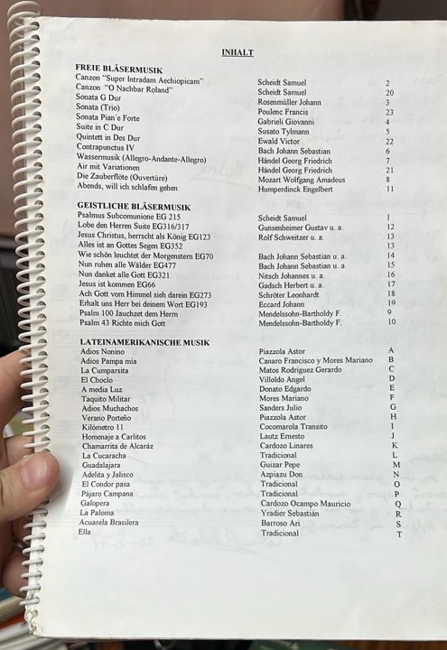 Índice del programa musical del cuadernillo de la gira de 1998