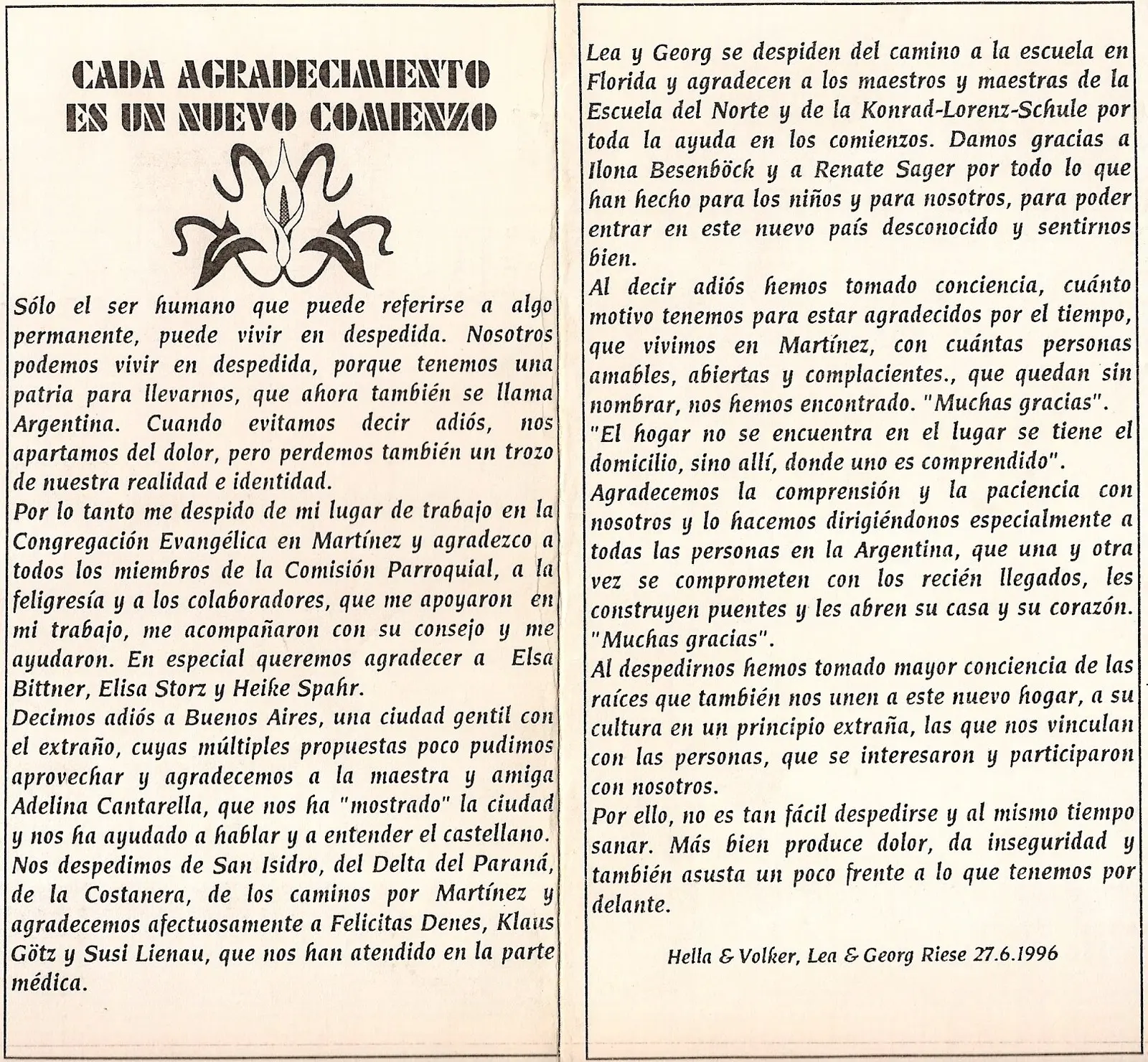 Doble página impresa titulada Cada agradecimiento es un nuevo comienzo, con un ornamento vegetal y una carta de despedida en dos columnas firmada por la familia Riese