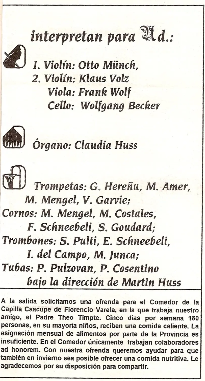 Página impresa titulada interpretan para Ud. con los nombres del cuarteto de cuerdas, la organista y los catorce bronces por sección, y un párrafo al pie pidiendo una ofrenda