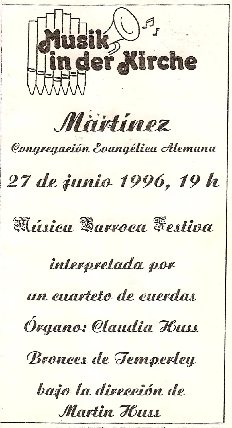 Volante impreso con el logotipo Musik in der Kirche formado por tubos de órgano y una trompeta con notas, y el texto del concierto del 27 de junio de 1996 en Martínez