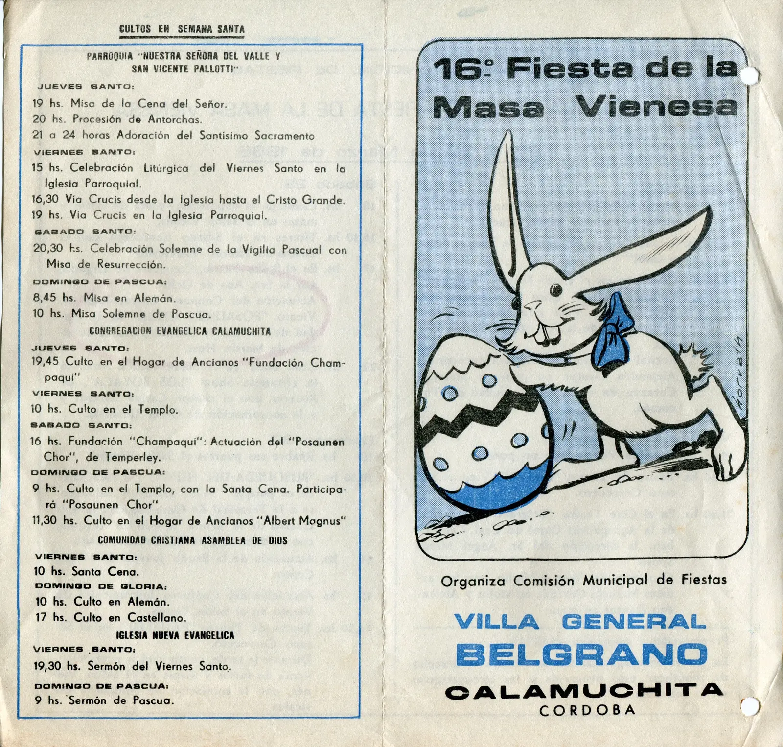 Folleto de la 16ª Fiesta de la Masa Vienesa con la tapa ilustrada por un conejo de Pascua y, al dorso, la lista de cultos de Semana Santa de las iglesias de Villa General Belgrano