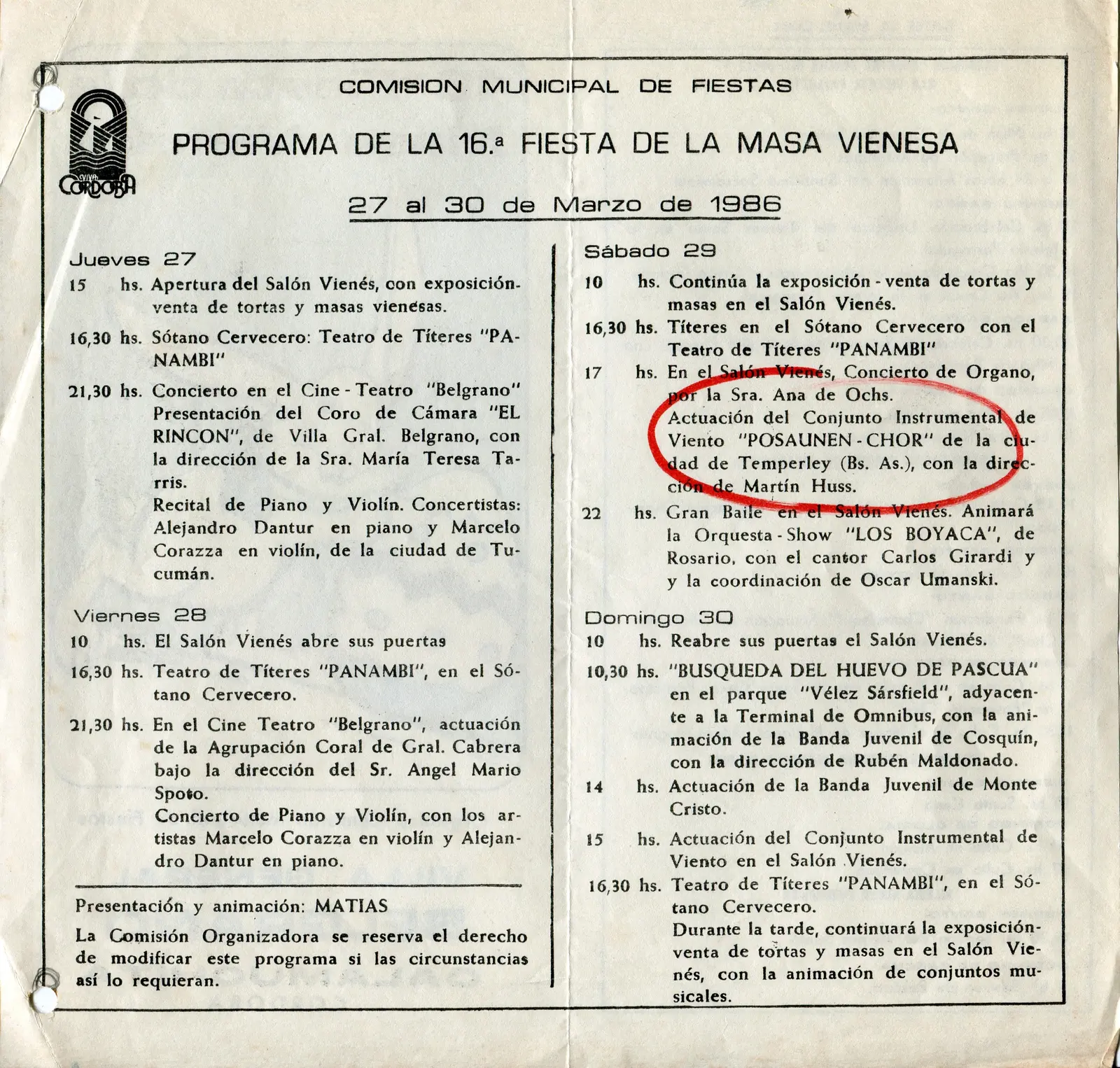 Programa impreso de la 16ª Fiesta de la Masa Vienesa, 27 al 30 de marzo de 1986, con el renglón del sábado 29 rodeado a mano con marcador rojo