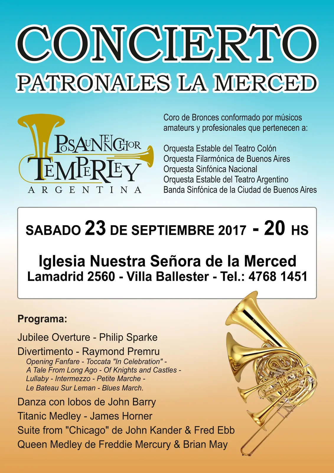 Afiche del Concierto Patronales La Merced: el título en mayúsculas sobre un degradé celeste, el logo del Posaunenchor Temperley a la izquierda, un recuadro blanco con la fecha y la dirección de la iglesia, el programa listado abajo y un montaje de trompeta, corno y trombón dorados sobre el margen derecho