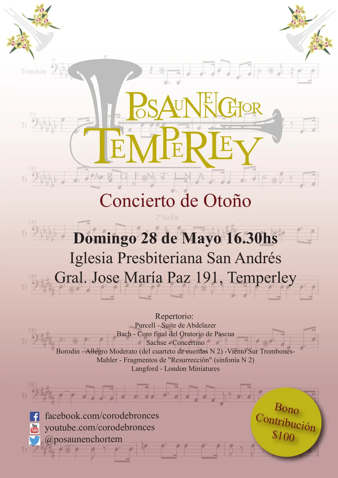 Afiche del Concierto de Otoño: sobre un fondo de pentagramas en tonos rosados, el logo del Posaunenchor Temperley con dos trompetas grises, la fecha del domingo 28 de mayo a las 16.30, la dirección de la Iglesia Presbiteriana San Andrés y el repertorio impreso; en un círculo amarillo abajo a la derecha, el bono contribución
