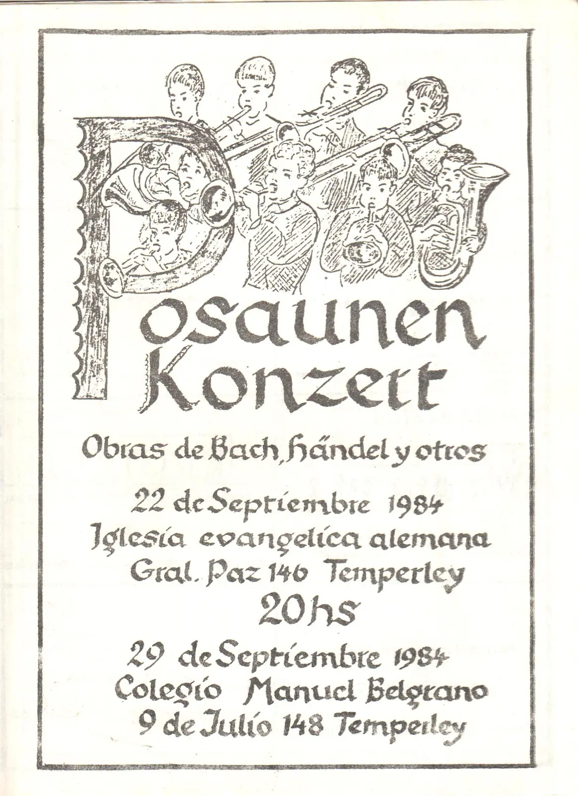 Tapa dibujada a mano de un programa de 1984: una letra P capitular decorada de la que salen nueve músicos dibujados a pluma con trompetas, trombones y una tuba
