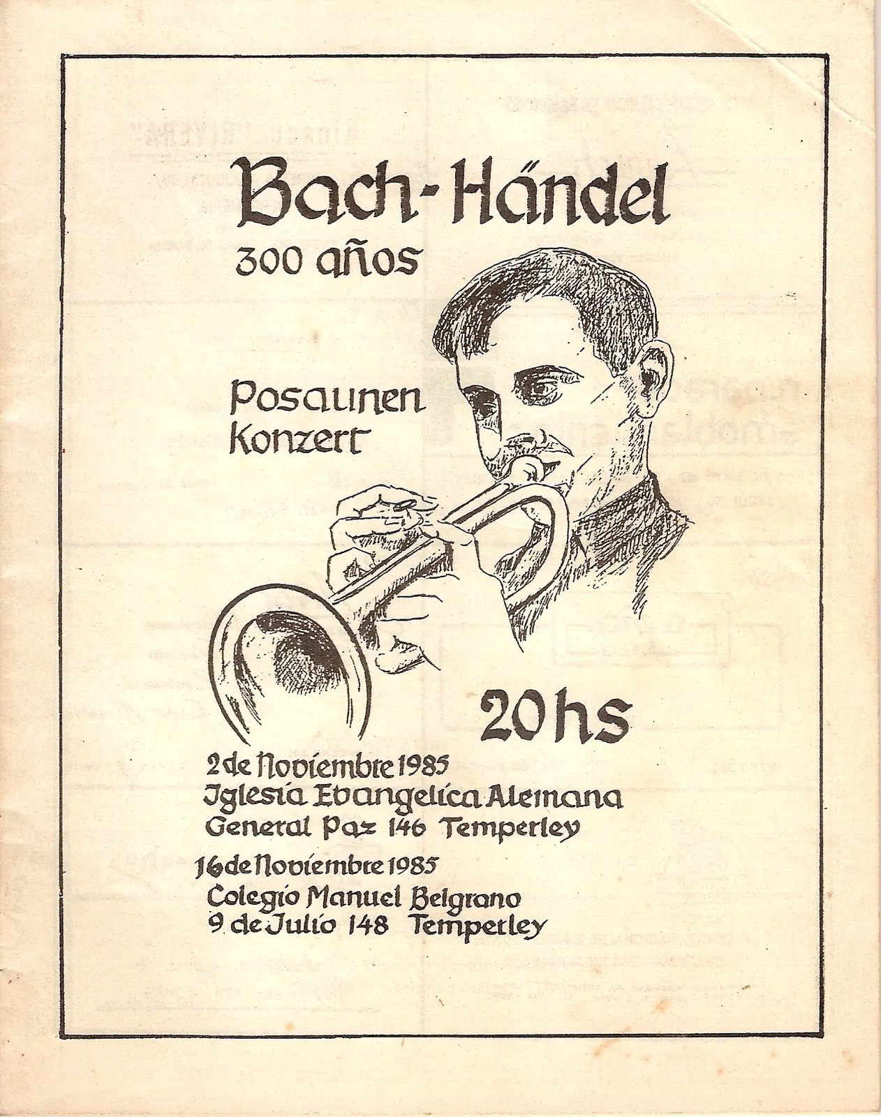 Tapa dibujada a mano de 1985 con el retrato a pluma de un trompetista joven de perfil tocando, y el título Bach-Händel 300 años