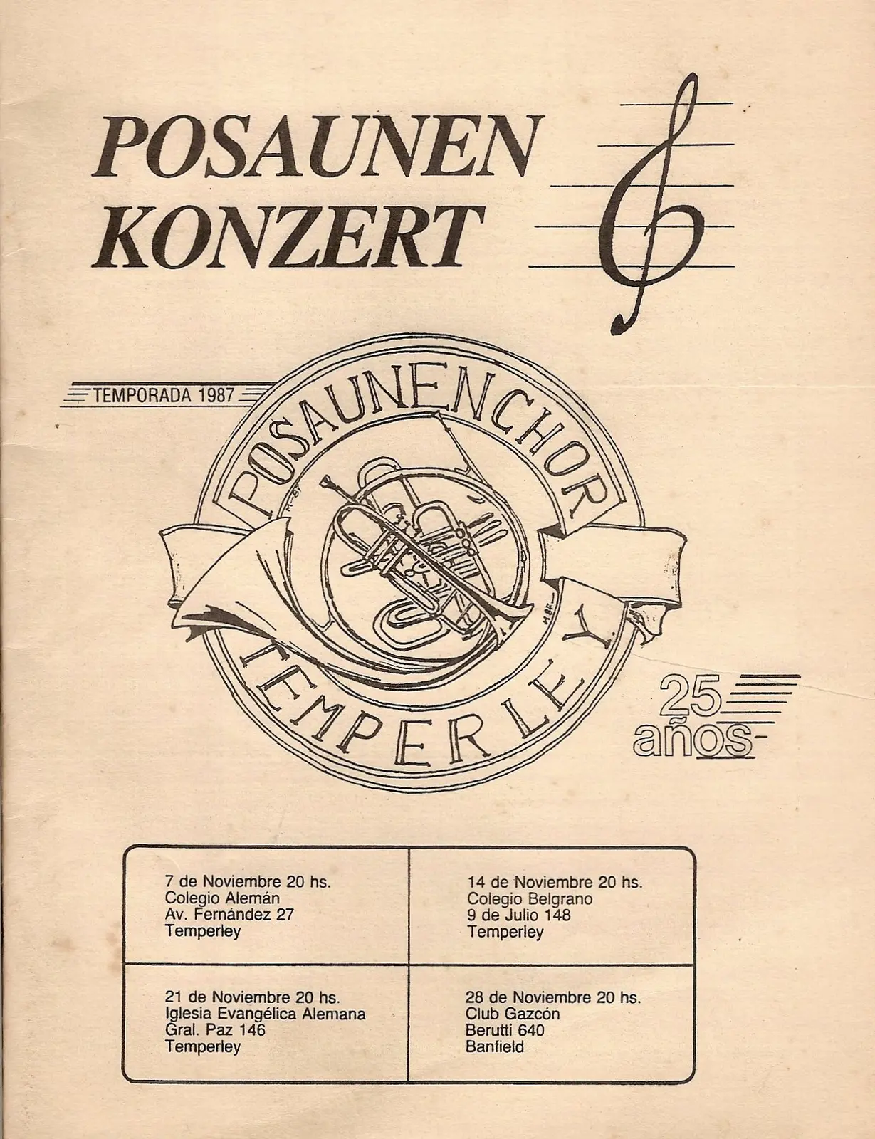 Tapa impresa de 1987 con el sello circular del Posaunenchor Temperley —corno, trompeta y bombardino superpuestos entre cintas— y la leyenda 25 años, con las cuatro fechas en un recuadro