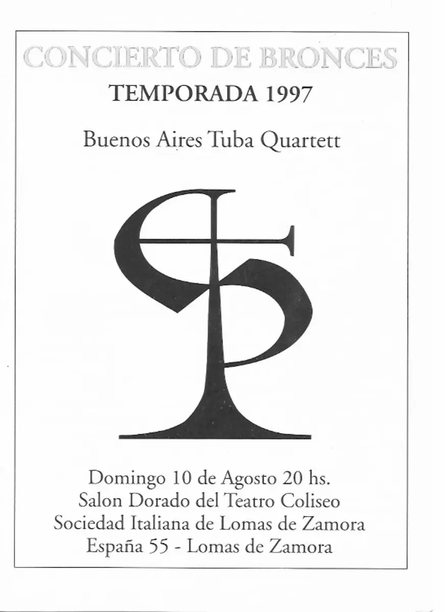 Tapa impresa de un programa de 1997 titulada Concierto de Bronces Temporada 1997, con el monograma PT grande en el centro