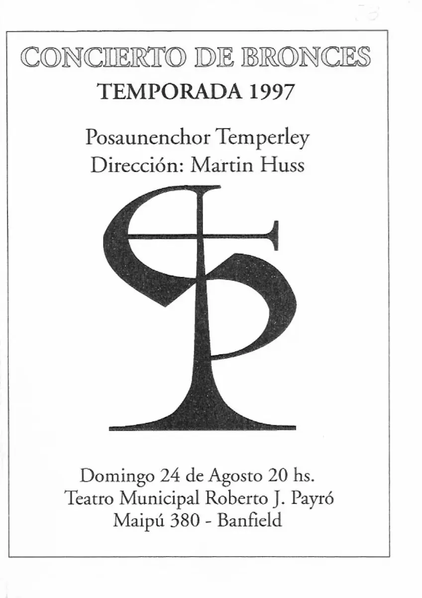 Tapa impresa de un programa de 1997 titulada Concierto de Bronces Temporada 1997, con el monograma PT grande en el centro