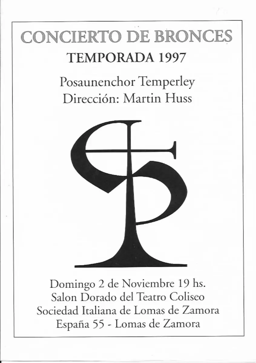 Tapa impresa de un programa de 1997 titulada Concierto de Bronces Temporada 1997, con el monograma PT grande en el centro