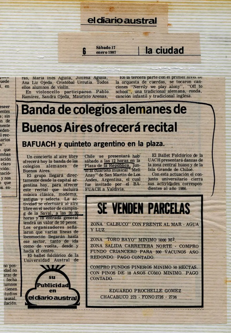 Recorte de el diario austral del sábado 17 de enero de 1987 con el titular Banda de colegios alemanes de Buenos Aires ofrecerá recital