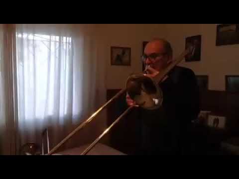 Gaspar Licciardone tocando el trombón de pie en el living de su casa, 2020