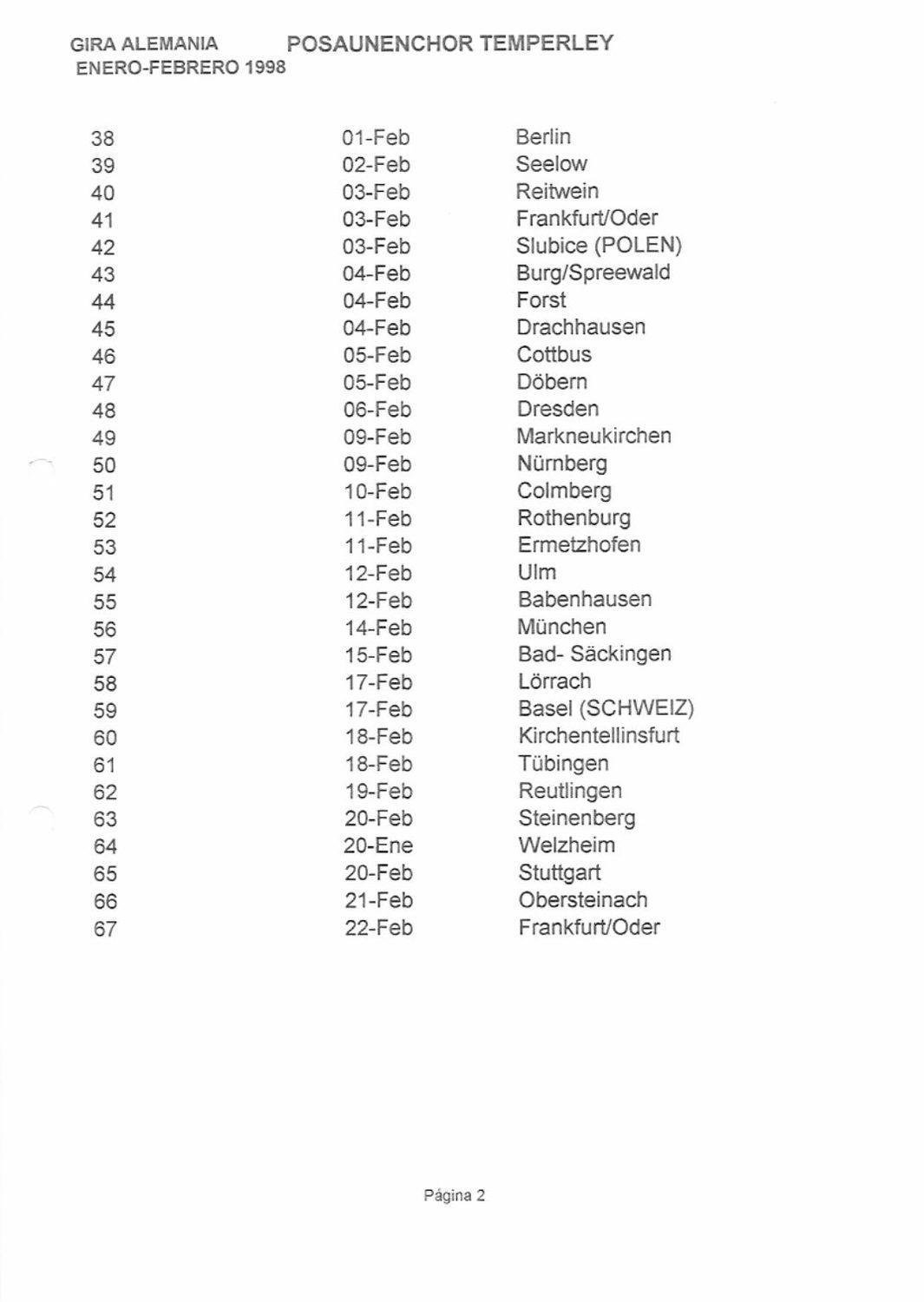 La lista oficial de ciudades visitadas, página 2 (paradas 38–67).