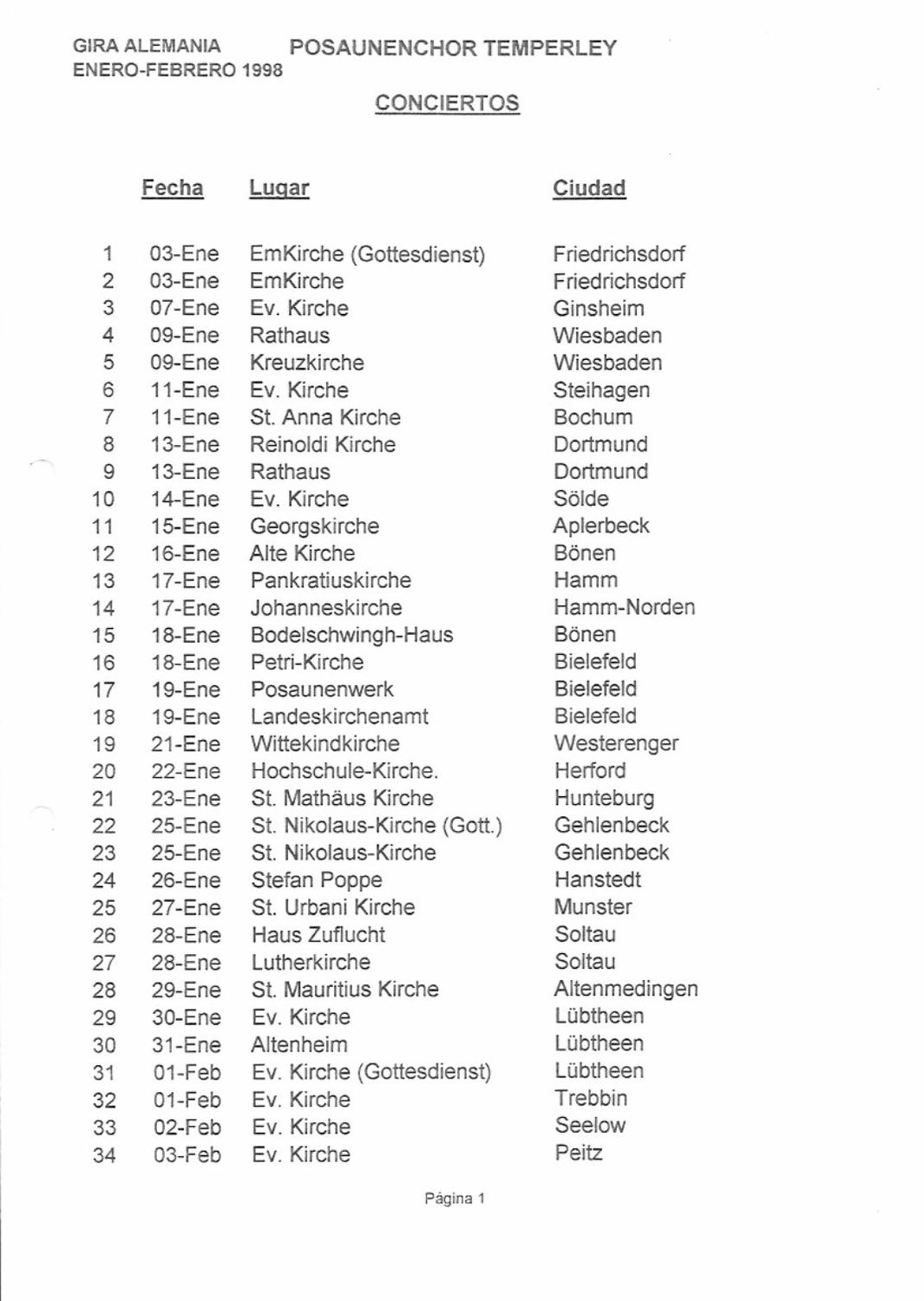 La lista oficial de conciertos, página 1 (1–34).