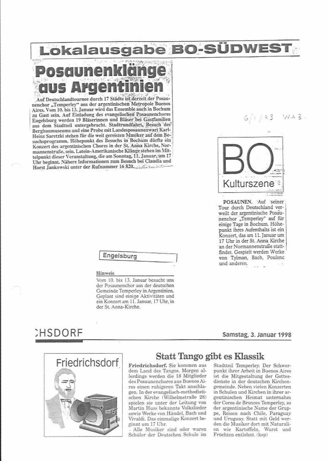 WAZ (BO-Südwest) 6/1 y Taunus Zeitung 3/1: la estadía en Bochum del 10 al 13/1