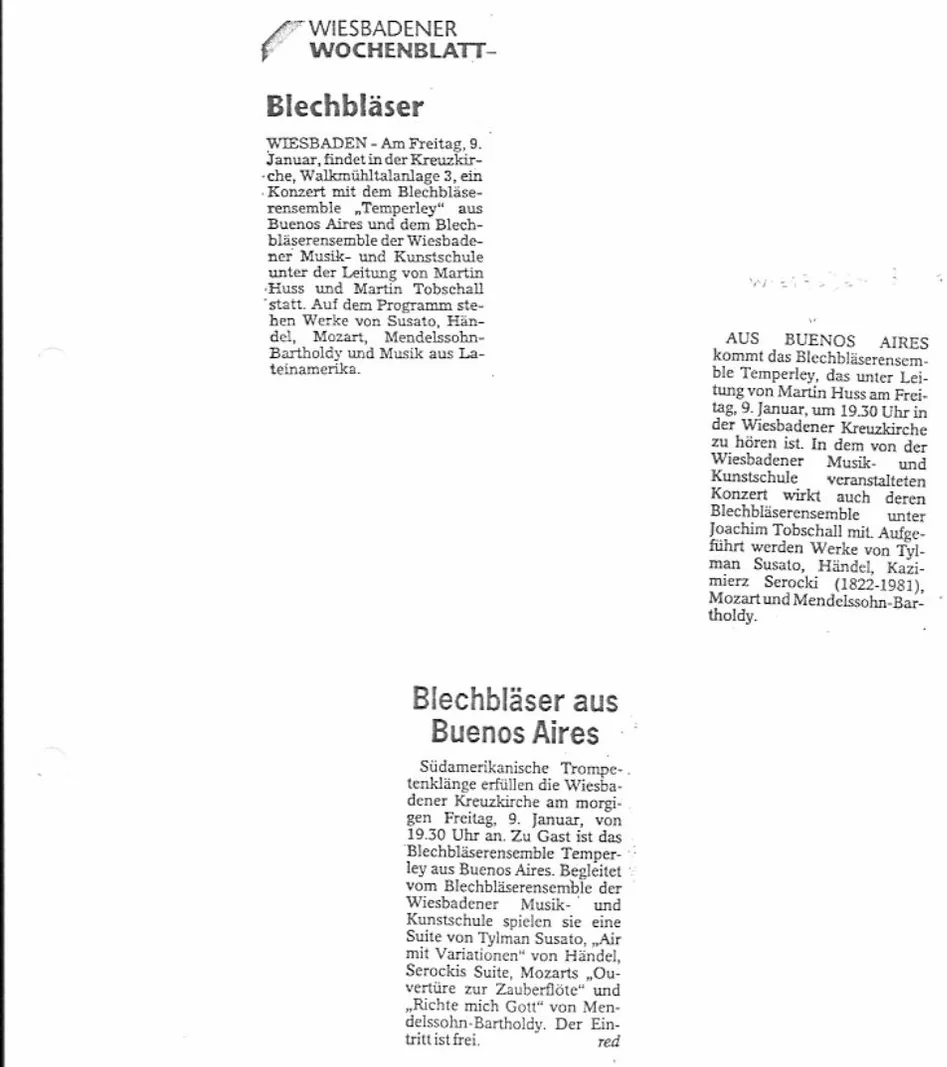 Wiesbadener Wochenblatt y dos avisos más: el concierto del 9/1 en la Kreuzkirche de Wiesbaden, junto al ensamble de la Musik- und Kunstschule de Joach