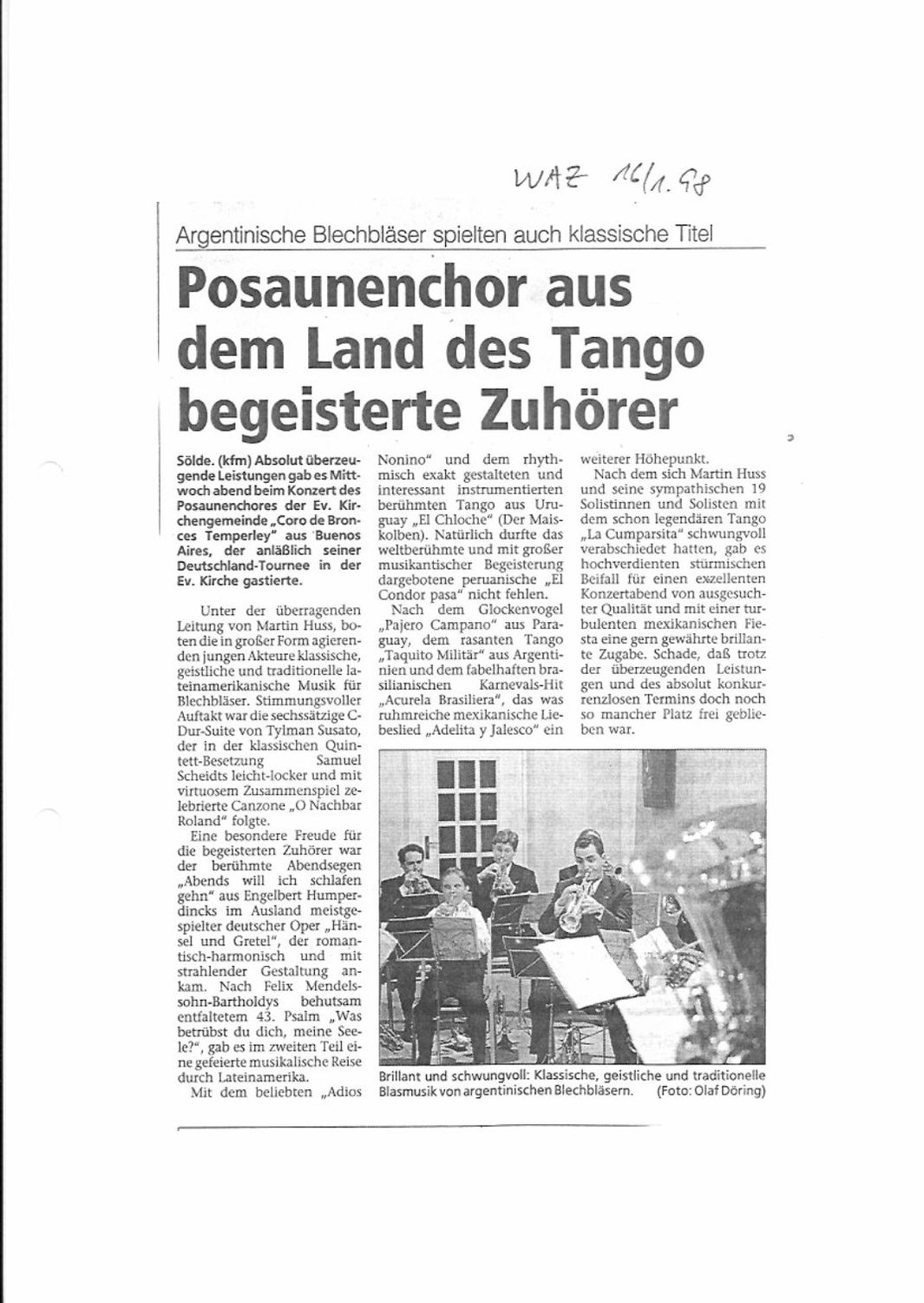 WAZ, 16/1: «Posaunenchor aus dem Land des Tango begeisterte Zuhörer»
