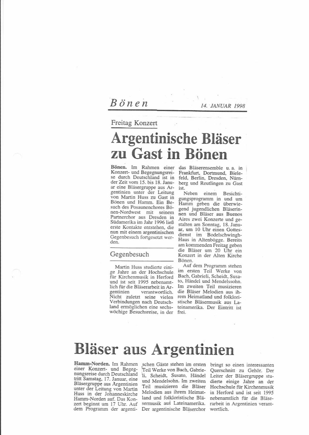 Bönen, 14/1: «Argentinische Bläser zu Gast in Bönen» y «Bläser aus Argentinien» (Hamm-Norden)