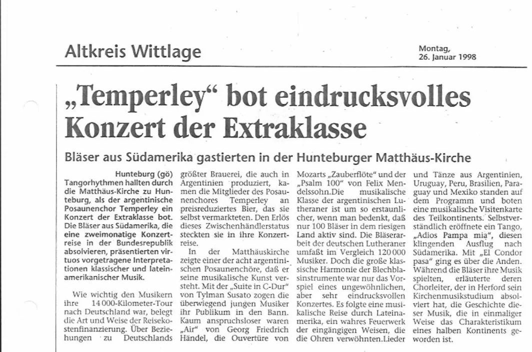 Altkreis Wittlage, 26/1: «Temperley bot eindrucksvolles Konzert der Extraklasse»