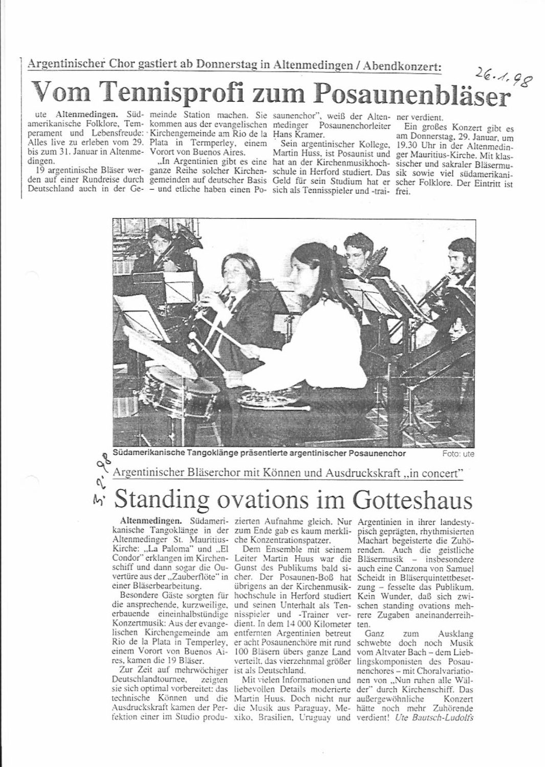 Altenmedingen, 26/1 y 3/2: «Vom Tennisprofi zum Posaunenbläser» y «Standing ovations im Gotteshaus»
