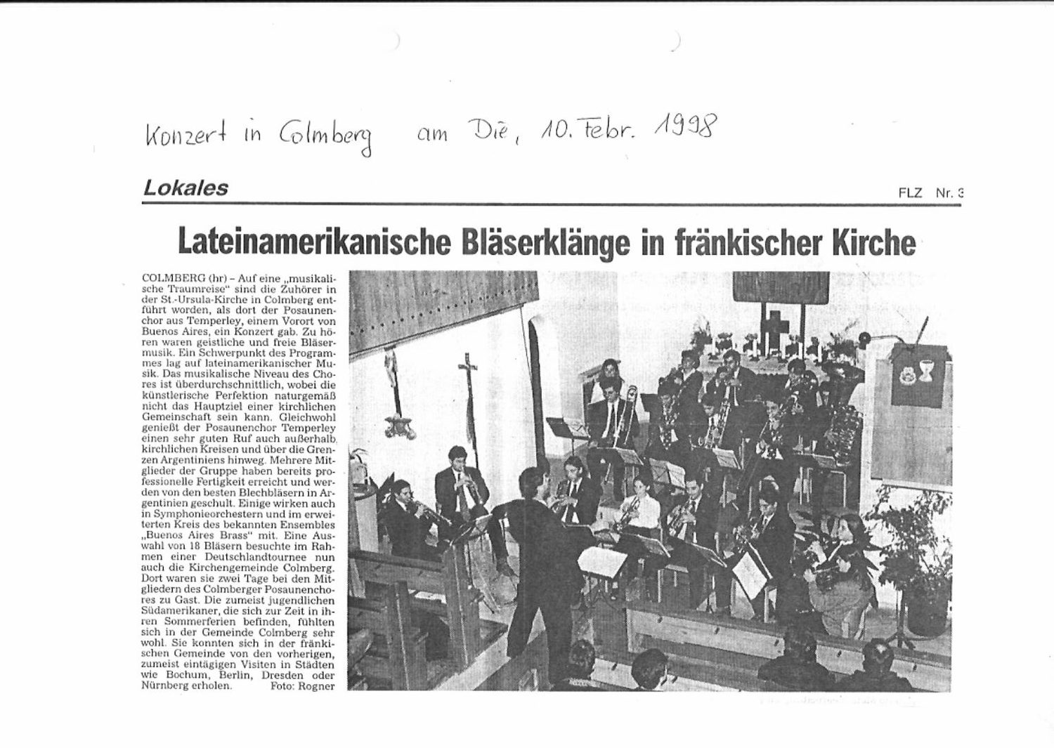 Fränkische Landeszeitung, 10/2: «Lateinamerikanische Bläserklänge in fränkischer Kirche»