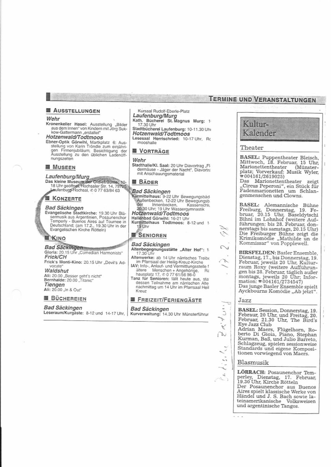 Badische Zeitung, 17/2: la agenda del día, con el aviso del concierto de Bad Säckingen y Rötteln marcado en birome.