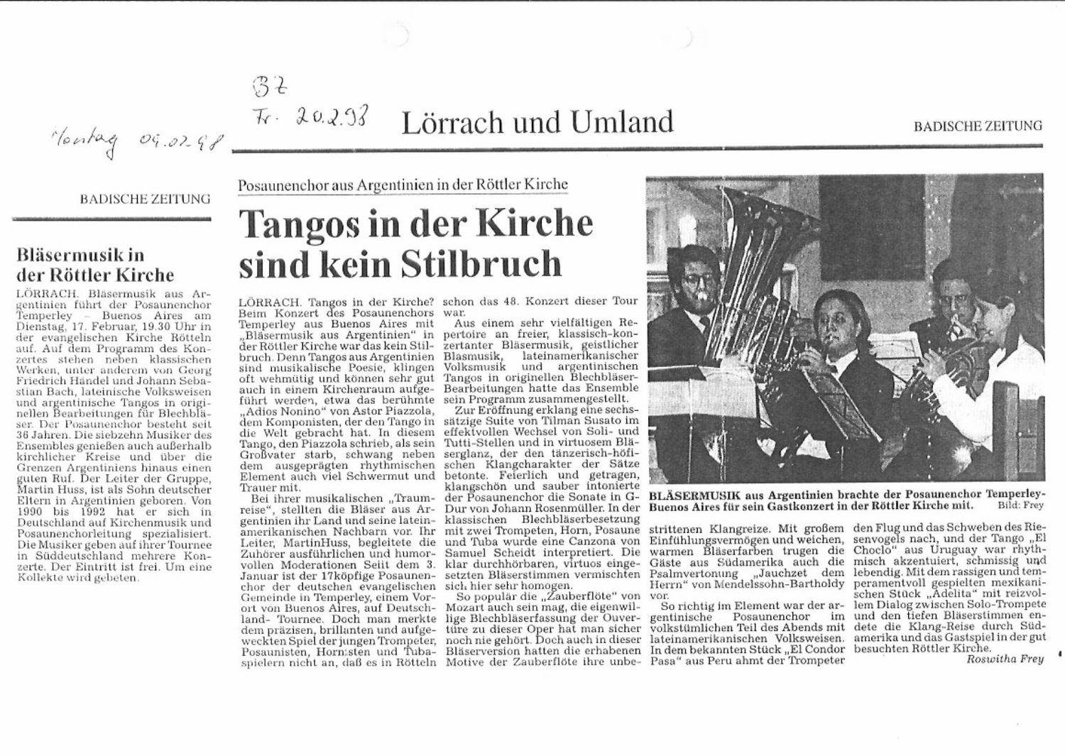 Badische Zeitung, 20/2: «Tangos in der Kirche sind kein Stilbruch», por Roswitha Frey