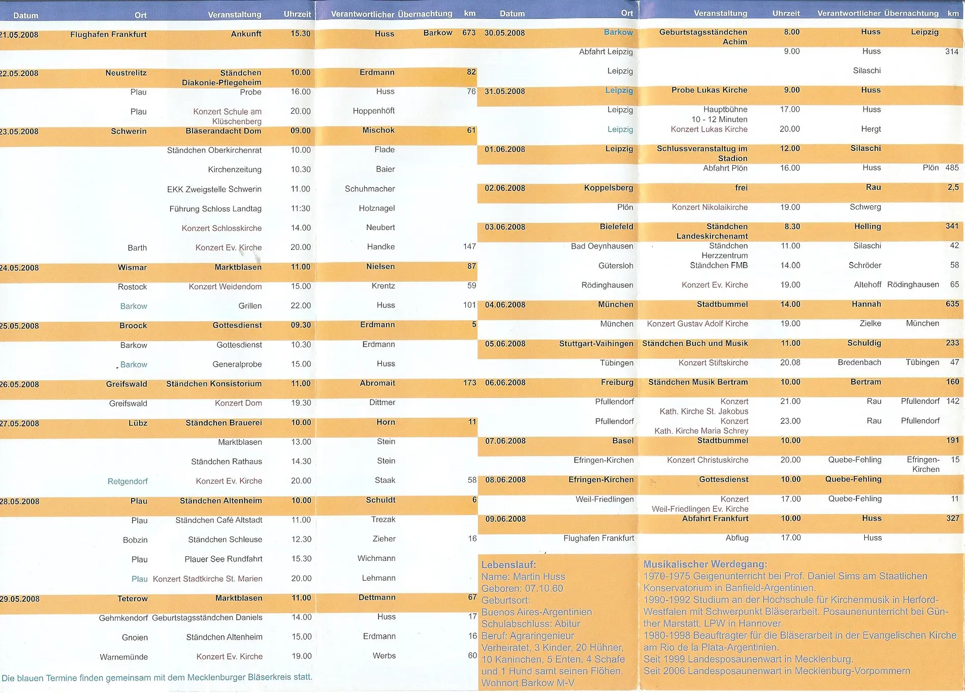 Itinerario impreso de la gira 2008 en dos columnas: fecha, lugar, evento, hora, responsable, alojamiento y kilómetros de cada tramo, del 21 de mayo al 9 de junio