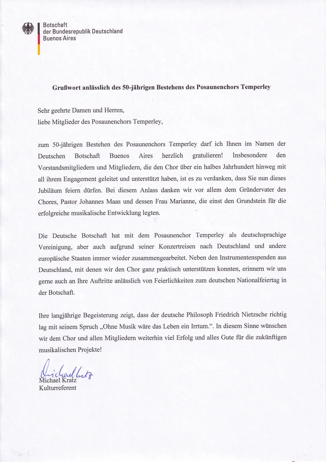 Carta impresa en papel con membrete de la Embajada de la República Federal de Alemania en Buenos Aires, con el águila federal, titulada Grußwort anlässlich des 50-jährigen Bestehens des Posaunenchors Temperley y firmada a mano