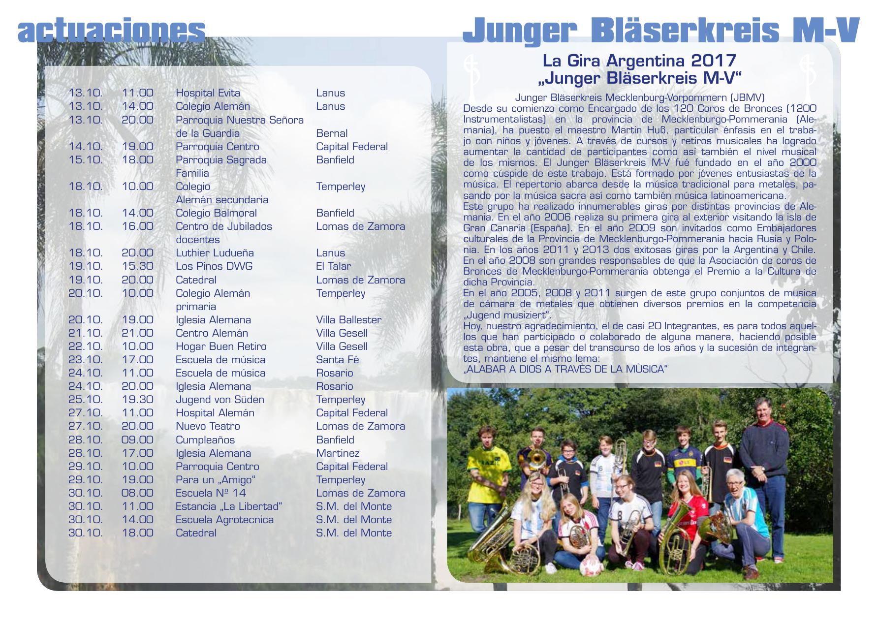 Cara 1 del flyer de la gira 2017: la lista de actuaciones con fecha, hora, sede y ciudad, y la foto del grupo sobre un fondo de las Cataratas
