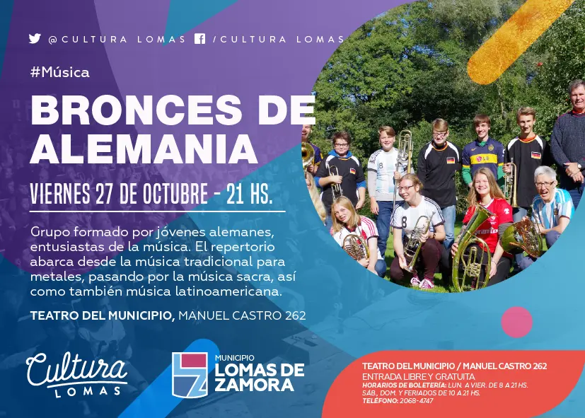 Aviso «Bronces de Alemania» de Cultura Lomas, con la foto circular del grupo, para el concierto del 27 de octubre en el Teatro del Municipio
