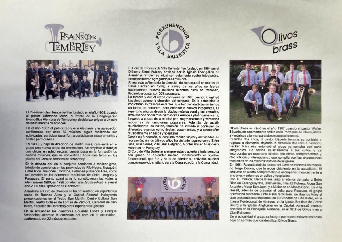 Programa de mano desplegado con las semblanzas y las fotos de los tres coros: Posaunenchor Temperley, Posaunenchor Villa Ballester y Olivos Brass