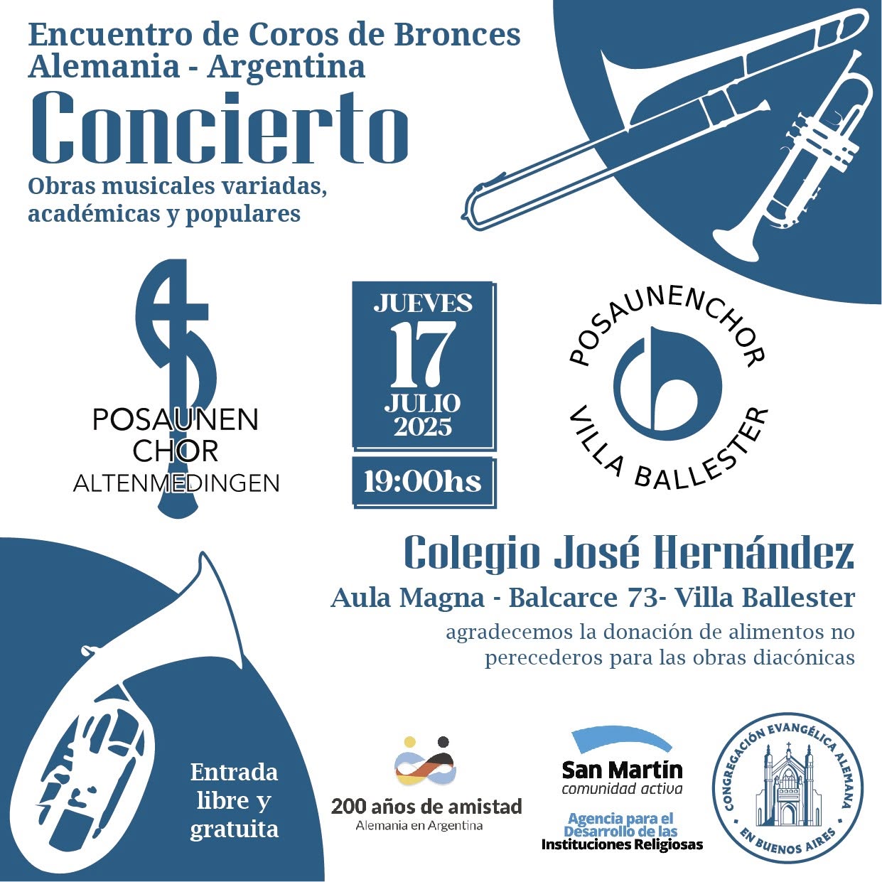 Afiche en azul y blanco con siluetas de trombón, trompeta y tuba: «Encuentro de Coros de Bronces Alemania - Argentina · Concierto», jueves 17 de julio de 2025 a las 19:00, con los logos del Posaunenchor Altenmedingen y del Posaunenchor Villa Ballester